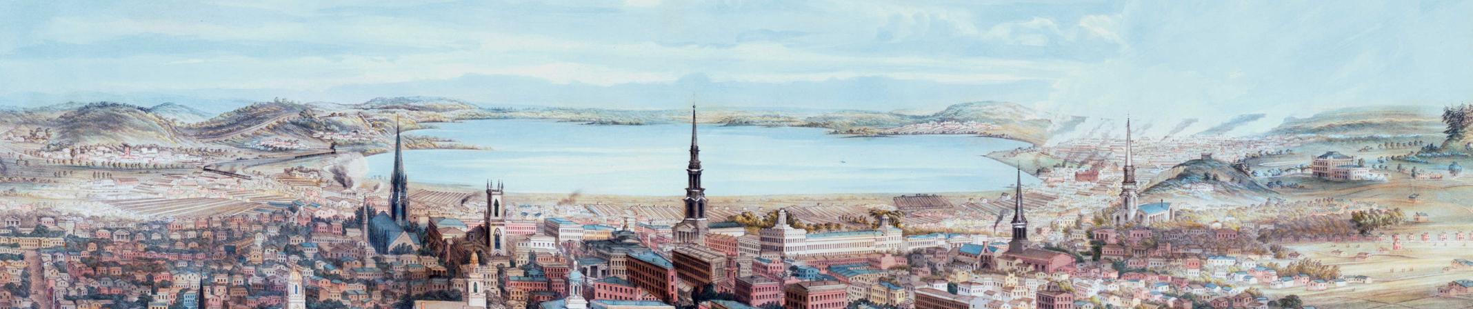 Drawing of historic Syracuse with lake in the background