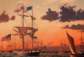 painting of two masted ships