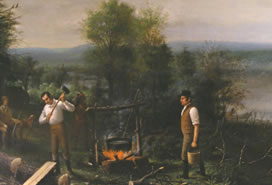 painting of campfire scene with two men