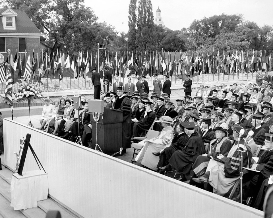 President Lyndon B. Johnson at Syracuse University delivering the Gulf of Tonkin Speech, courtesy of S.U. Archives